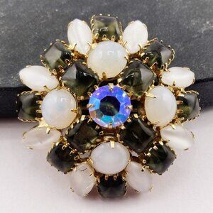 VINTAGE White moonstone, smoky grey, and AB rhinestone statement brooch goth pin
